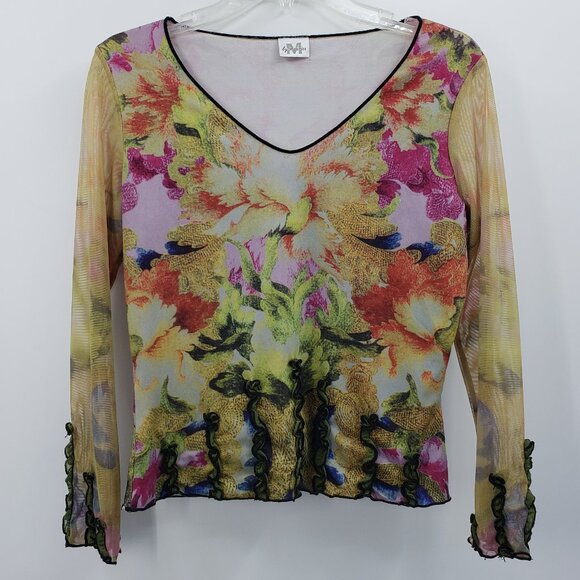 Vtg Y2K Maurices Mesh Sleeve Top Size S Digital Floral Print Ruffles Fairycore - Picture 1 of 9